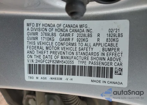 2021 Honda Civic Sport from USA, damaged, VIN 2HGFC2F82MH543055